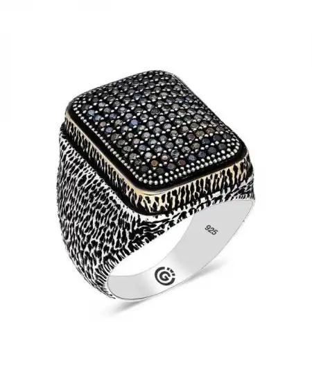 Gümüş Siyah Zirkon Taşlı Kare Erkek Yüzük