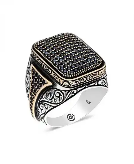 Gümüş Siyah Zirkon Taşlı Kare Erkek Yüzük