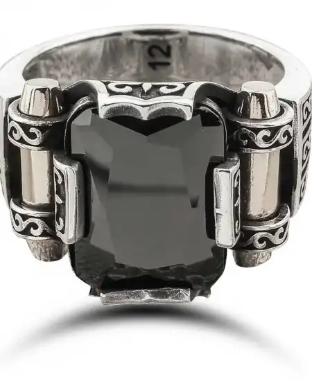 Gümüş Siyah Zirkon Taşlı Kare Erkek Yüzük