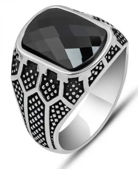 Gümüş Siyah Zirkon Taşlı Oval Erkek Yüzük