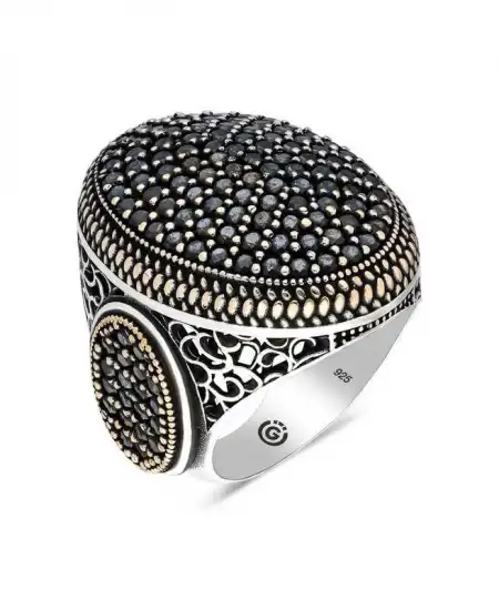 Gümüş Siyah Zirkon Taşlı Oval Erkek Yüzük