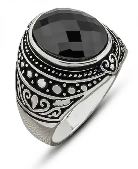 Gümüş Siyah Zirkon Taşlı Oval Erkek Yüzük