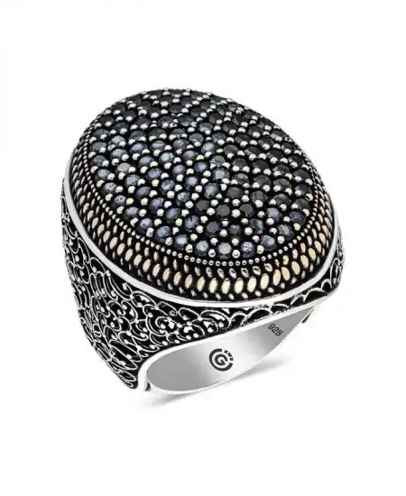 Gümüş Siyah Zirkon Taşlı Oval Erkek Yüzük