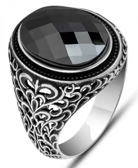 Gümüş Siyah Zirkon Taşlı Oval Erkek Yüzük