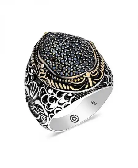 Gümüş Siyah Zirkon Taşlı Oval Erkek Yüzük