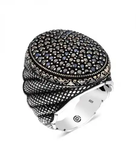 Gümüş Siyah Zirkon Taşlı Oval Erkek Yüzük