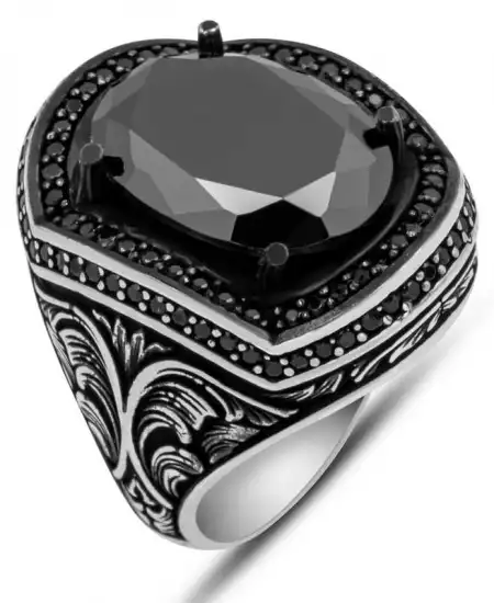 Gümüş Siyah Zirkon Taşlı Oval Erkek Yüzük