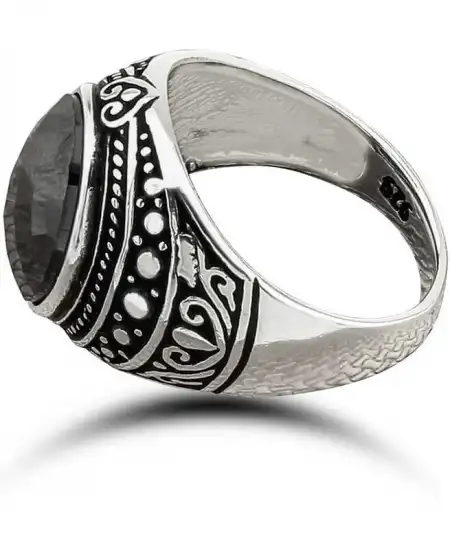 Gümüş Siyah Zirkon Taşlı Oval Erkek Yüzük