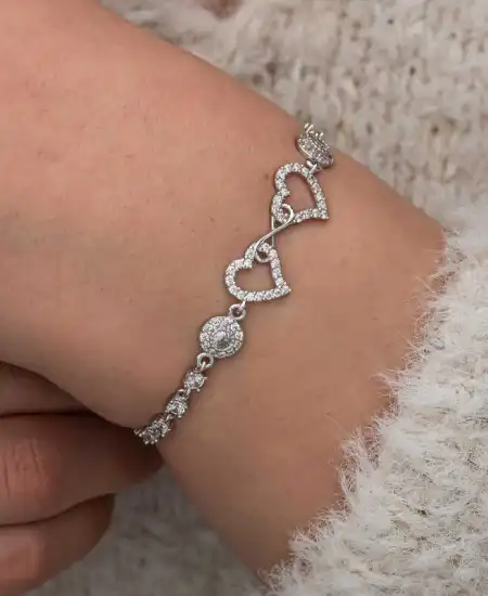 Gümüş Sonsuzluk İki Kalp Kadın Bileklik