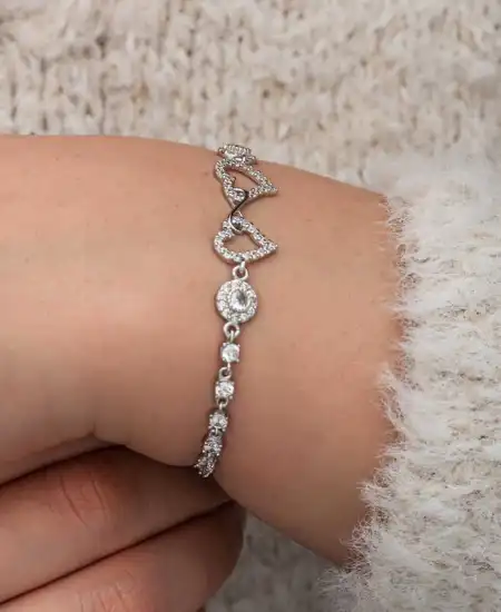 Gümüş Sonsuzluk İki Kalp Kadın Bileklik