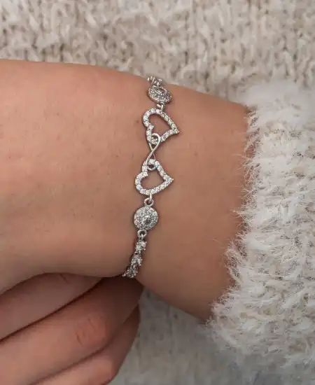 Gümüş Sonsuzluk İki Kalp Kadın Bileklik