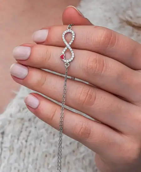 Gümüş Sonsuzluk Kırmızı Kalpli Kadın Bileklik