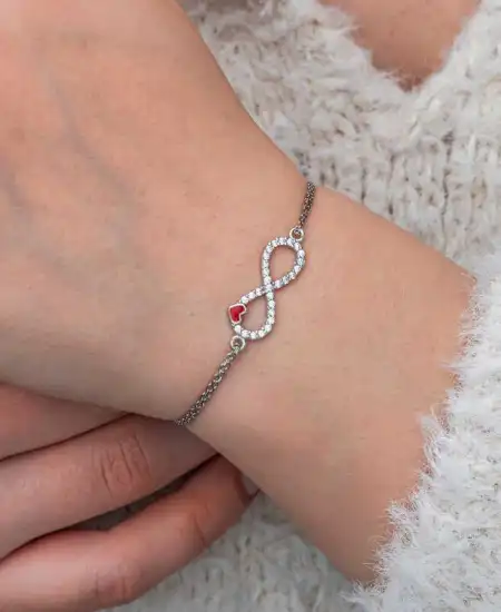 Gümüş Sonsuzluk Kırmızı Kalpli Kadın Bileklik