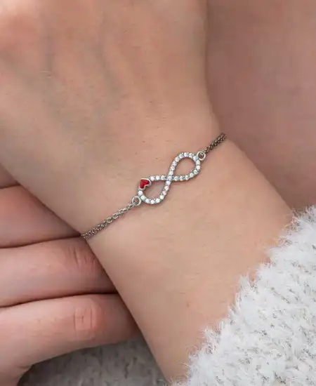 Gümüş Sonsuzluk Kırmızı Kalpli Kadın Bileklik