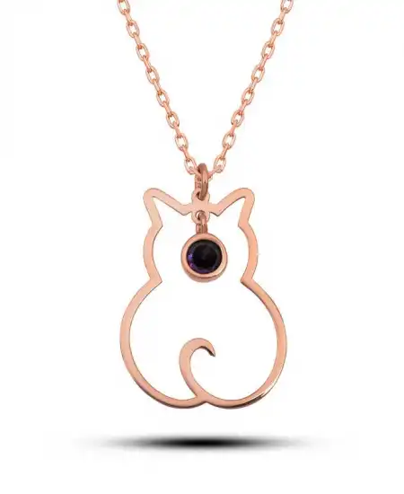 Gümüş Şubat Ayı Doğum Taşı Kedi Kadın Kolye