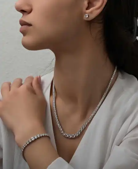 Gümüş Süzme Beyaz Taşlı Su Yolu Kadın Set