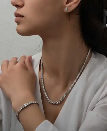 Gümüş Süzme Beyaz Taşlı Su Yolu Kadın Set