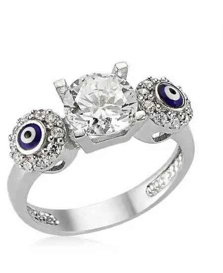 Gümüş Tek Taş Nazarlı Bayan Yüzük