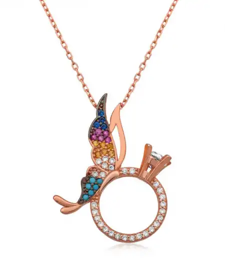 Gümüş Tek Taş Yüzüklü Kelebek Kolye