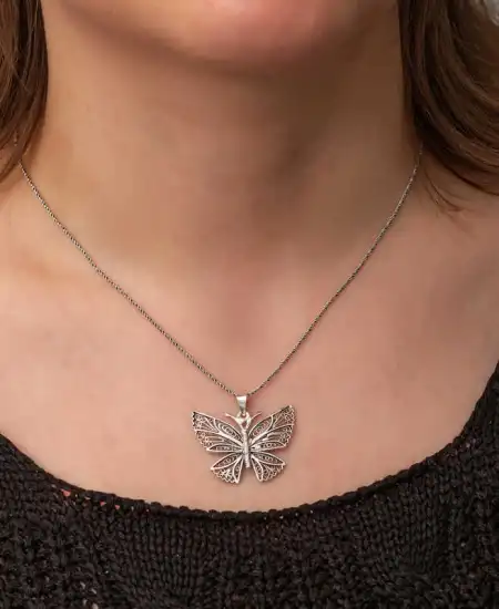 Gümüş Telkari Kelebek Kadın Kolye