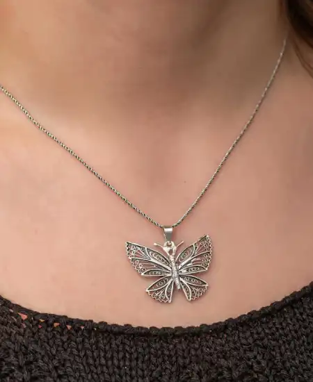 Gümüş Telkari Kelebek Kadın Kolye