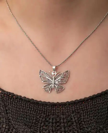 Gümüş Telkari Kelebek Kadın Kolye