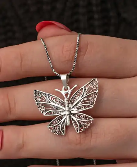 Gümüş Telkari Kelebek Kadın Kolye