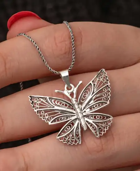 Gümüş Telkari Kelebek Kadın Kolye