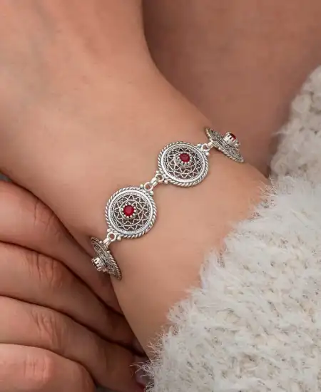 Gümüş Telkari Yakut Taşlı Kadın Bileklik