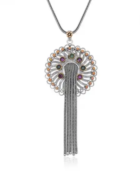 Gümüş Telkari Yakut Zümrüt Renkli Taşlı Kadın Kolye