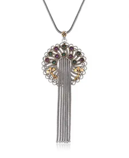 Gümüş Telkari Yakut Zümrüt Renkli Taşlı Kadın Kolye