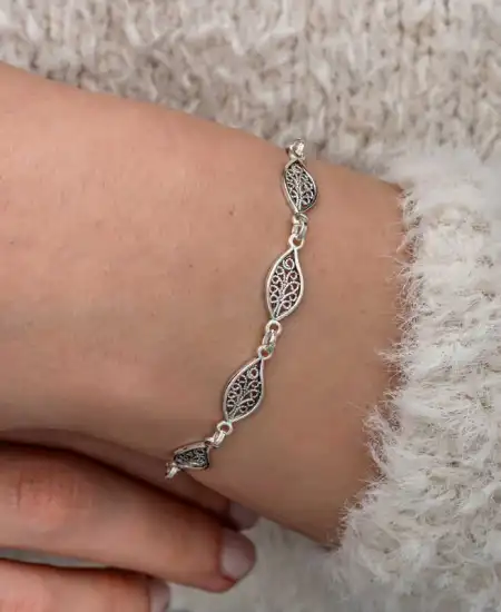 Gümüş Telkari Yaprak Desenli Kadın Bileklik
