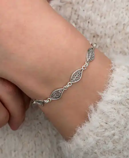 Gümüş Telkari Yaprak Desenli Kadın Bileklik