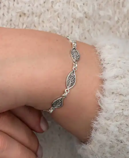 Gümüş Telkari Yaprak Desenli Kadın Bileklik