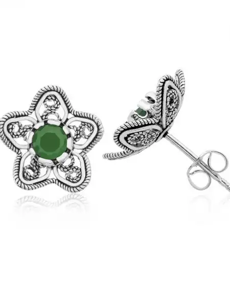 Gümüş Telkari Yeşil Nilüfer Çiçeği Çivili Küpe