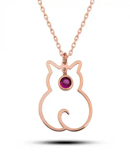 Gümüş Temmuz Ayı Doğum Taşı Kedi Kadın Kolye