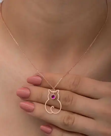 Gümüş Temmuz Ayı Doğum Taşı Kedi Kadın Kolye