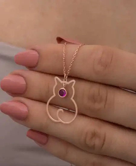 Gümüş Temmuz Ayı Doğum Taşı Kedi Kadın Kolye