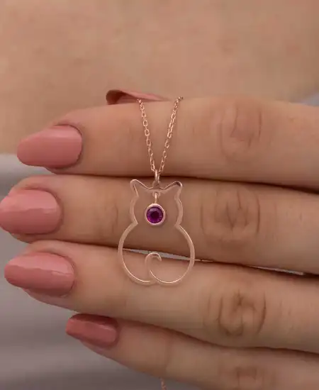 Gümüş Temmuz Ayı Doğum Taşı Kedi Kadın Kolye