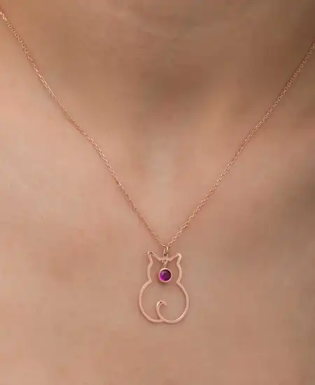 Gümüş Temmuz Ayı Doğum Taşı Kedi Kadın Kolye