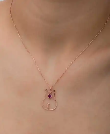 Gümüş Temmuz Ayı Doğum Taşı Kedi Kadın Kolye
