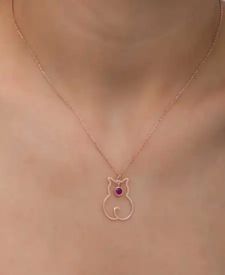 Gümüş Temmuz Ayı Doğum Taşı Kedi Kadın Kolye