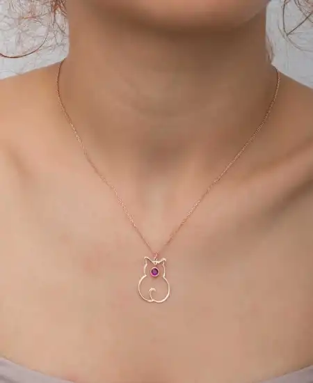 Gümüş Temmuz Ayı Doğum Taşı Kedi Kadın Kolye