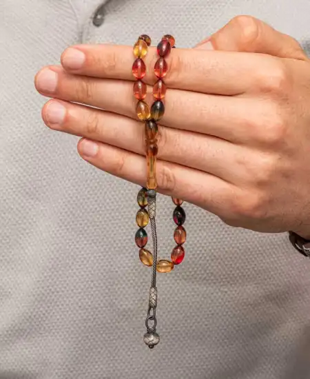 Gümüş Top Kazaz Püsküllü Sıkma Kehribar Tesbih