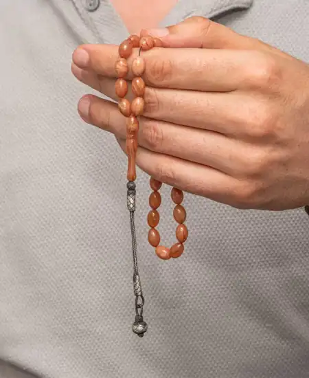 Gümüş Top Kazaz Püsküllü Sıkma Kehribar Tesbih