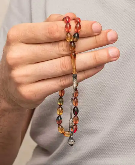 Gümüş Top Kazaz Püsküllü Sıkma Kehribar Tesbih