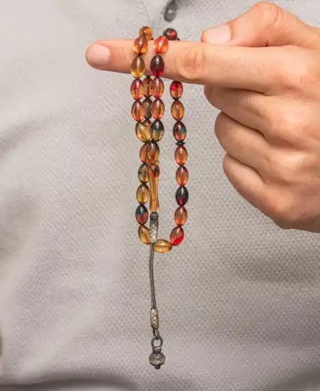 Gümüş Top Kazaz Püsküllü Sıkma Kehribar Tesbih