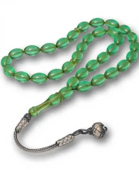 Gümüş Top Kazaz Püsküllü Yeşil Sıkma Kehribar Tesbih