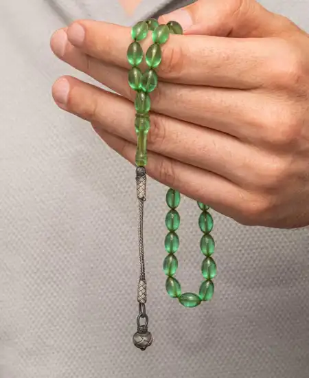 Gümüş Top Kazaz Püsküllü Yeşil Sıkma Kehribar Tesbih