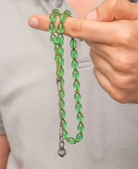Gümüş Top Kazaz Püsküllü Yeşil Sıkma Kehribar Tesbih